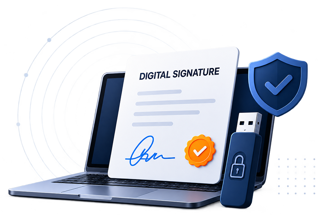 A signed digital document on a laptop beside a USB signing token.